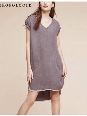 Anthropologie Gray Cloth & Stone V-Neck High-Low Frayed Hem Shift Dress